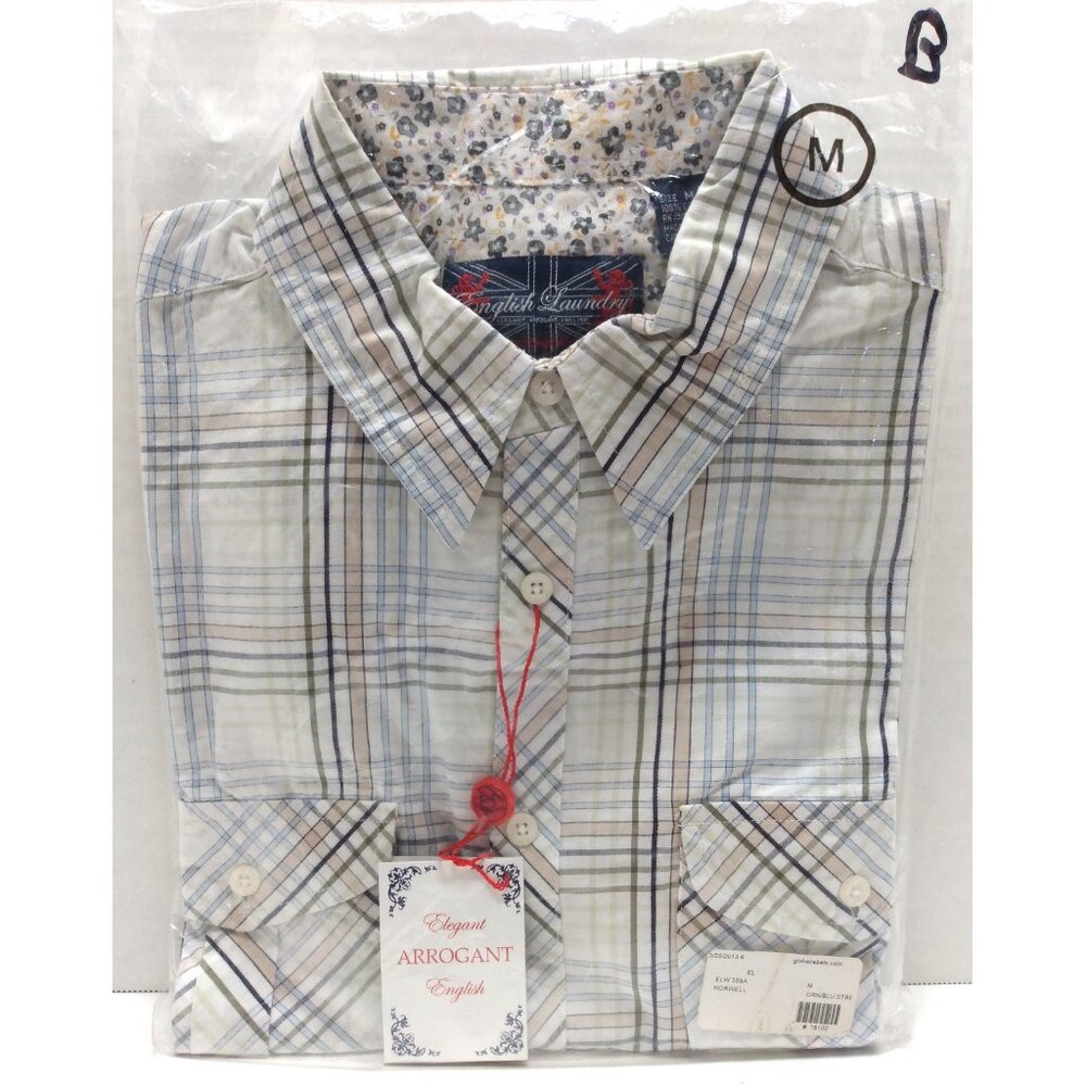 English Laundry Norwell Shirt Mens M  Contrast Cuffs, Blue Tan Plaid, New